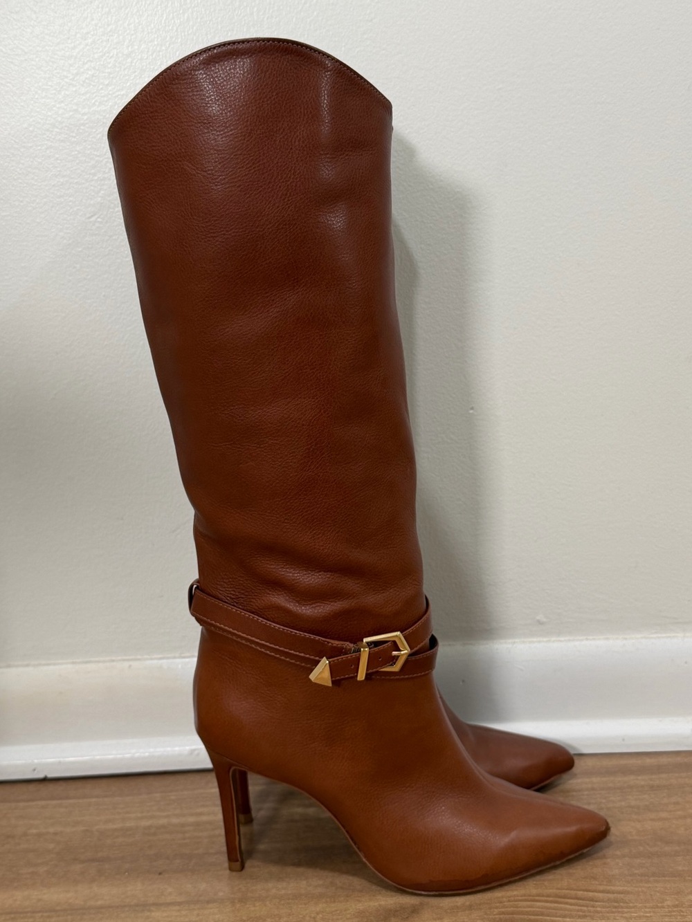 SCHUTZ Cognac Brown Leather Knee-High Stiletto Boots | Size 7.5B